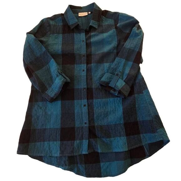 Habitat Women Plaid Printed Shacket Button Up Tunic Blouse Turquoise Black Small - Picture 3 of 11